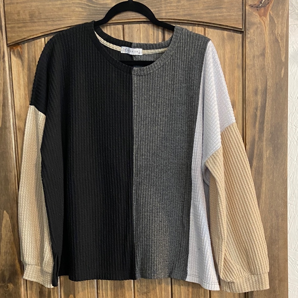 Colorblock Long Sleeve Waffle Knit Top